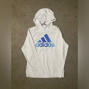 White and blue adidas sweatshirt with tags still on.